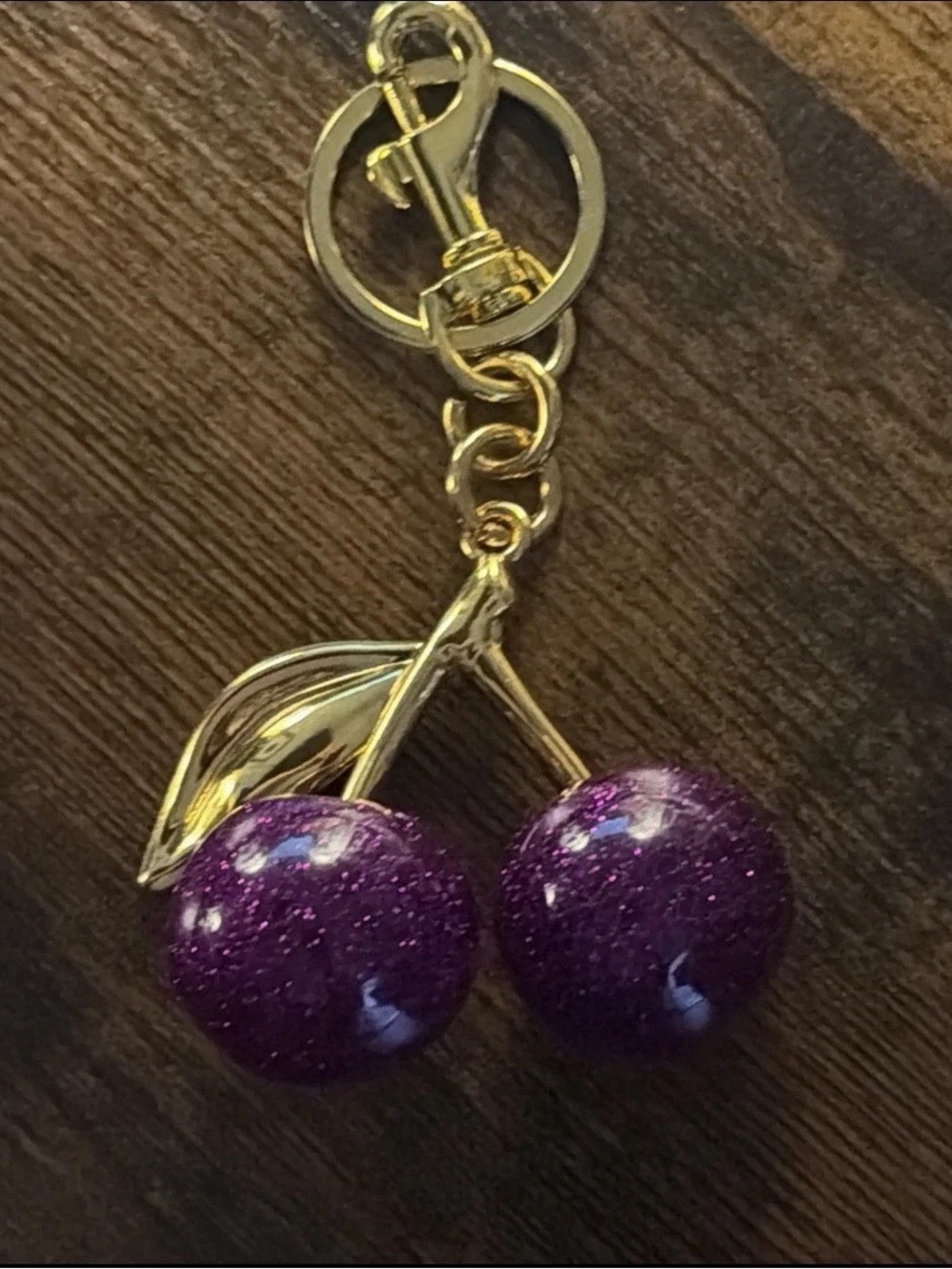 Gold Cherry Keychain with Glittery Purple, silver, red, pink and gold Cherries